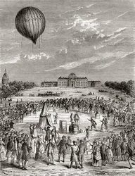 Le premier ballon à hydrogène du monde, lancé au-dessus du Champ de Mars, Paris, France en 1783, de Les Merveilles de la Science, publié vers 1870 (gravure)