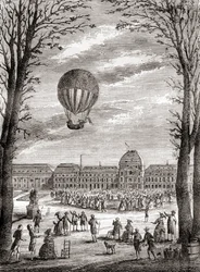 Le premier vol habité en ballon à hydrogène au monde au-dessus du Champ de Mars, Paris, France le 1er décembre 1783, piloté par Nicolas-Louis Robert et le professeur Jacques Charles, de 