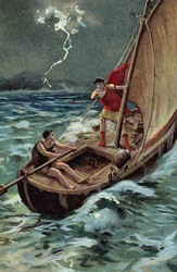 Le jeune Jules César (100-44 av. J.-C.) traversant la mer Adriatique pour rejoindre la Dalmatie avance bravement malgré la tempête, confiant en sa bonne étoile et son destin