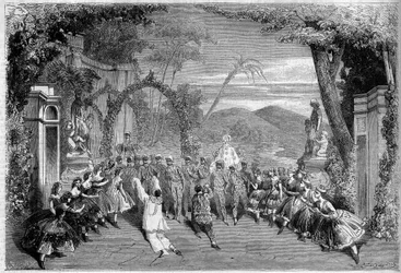 Représentation théâtrale : Acte II, dernière scène de « Les Danses nationales de la France » par Lambert Thiboust (1826-1867), Alfred Delacour (1815-1883) et Clairville (1811-1879). Paris, Théâtre des Variétés