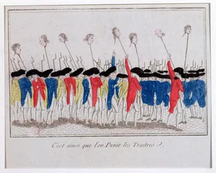 Voici comment les traîtres sont punis, sans-culottes portant les têtes des guillotinés, 1789