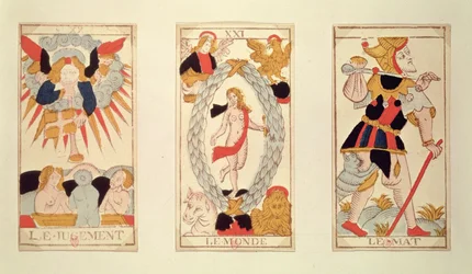 Trois cartes de tarot représentant le Jugement, le Monde et le Fou (gravure sur bois en couleur)
