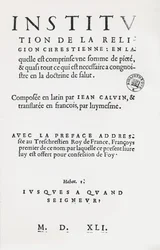 Page de titre des Institutions de la religion chrétienne par Jean Calvin, 1ère édition française, 1541