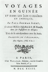 Page de titre de Voyages en Guinée et dans les Îles Caraïbes en Amérique par Paul Erdman Isert, publié en 1743