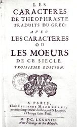 Page de titre de Les Caractères de Théophraste traduits du grec, avec Les Caractères ou les mœurs de ce siècle par La Bruyère (1645-96) 1688