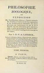 Page de titre de "Philosophie Zoologique" par Jean-Baptiste Lamarck, publié à Paris, 1809