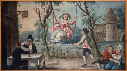 Aux trois ordres réunis. Le clergé, la noblesse et le tiers état réunis dans une taverne. Une jeune femme se balance. Enseigne peinte d