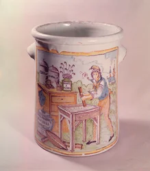 Pot à tabac représentant un buraliste, atelier de Bordeaux (faïence)