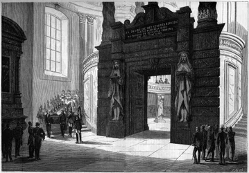 Transfert des cendres de Napoléon Ier (1769-1821) de la chapelle Saint-Jérôme au tombeau construit sous le dôme des Invalides. Paris, 2 avril 1861. Gravure dans « Le Monde Illustré » n°209 du 13 avril 1861.