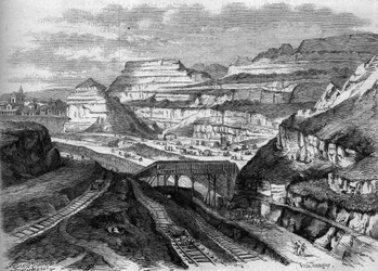 Transformations de Paris sous le Second Empire, Paris haussmannien : transformation en parc des carrières de plâtre des Buttes-Chaumont (Buttes Chaumont). Gravure dans « Le Monde Illustré » n°306 du 21 février 1863