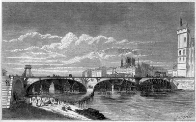 Transformations de Paris sous le Second Empire, Paris Haussmannien : vue du Pont au Change pendant sa reconstruction. Gravure dans « Le Monde Illustré » n°169 du 7 juillet 1860.
