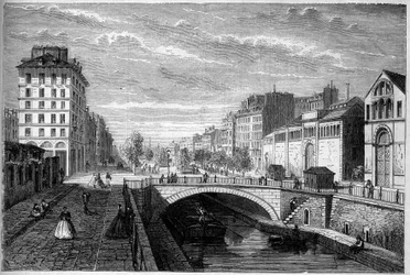 Transformations de Paris sous le Second Empire, Paris haussmannien : vue du boulevard Richard Lenoir établi sur la voûte du Canal Saint Martin. Gravure dans Le Monde Illustré n°233 du 28 septembre