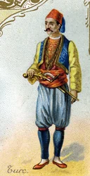 Homme turc. Édition la lithographie parisienne, fin du 19e siècle. Série de 25 chromos publicitaires pour la manufacture de Biscuits Pernot de Dijon, créée en 1869. Détail des personnages en costume traditionnel
