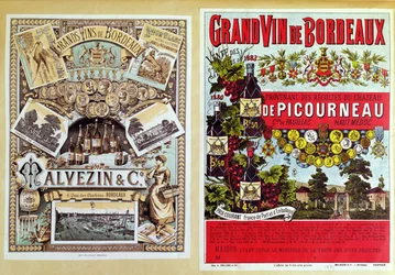 Deux publicités pour Malevezin et Compagnie distributeurs et le vignoble du Château de Picourneau, région de Bordeaux, fin du XIXe siècle