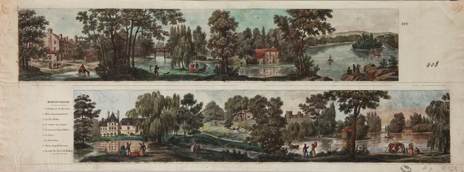 Deux vues du parc de Mortefontaine avec légendes (eau-forte avec aquarelle sur papier)