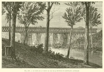 Un pont sur le chemin de fer de la province du Queensland, Australie (gravure)