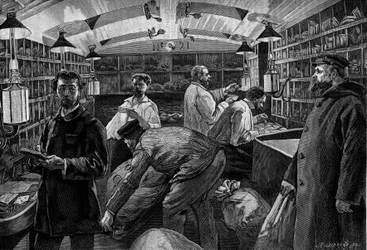 Un bureau de poste ambulant. Gravure dans le journal illustré « La jeunesse »