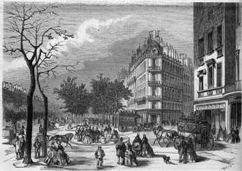 Un des premiers "refuges" pour les piétons qui traversent les boulevards à Paris établi entre le boulevard des Capucines et le boulevard de la Madeleine