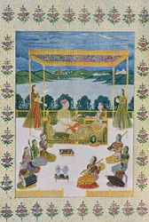 Sous le ciel avec musique et fleurs, illustration de Les Mille et Une Nuits, 1895 (gravure en couleur)