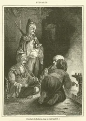 Une halte de Bulgares, dans un caravanserail (engraving)