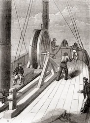 Déroulement du câble sous-marin de Douvres à Calais à bord du Blazer, 25 décembre 1851, des Merveilles de la Science, publié vers 1870 (gravure)