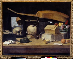 Vanité Nature morte avec jeu de cartes, instrument et crâne