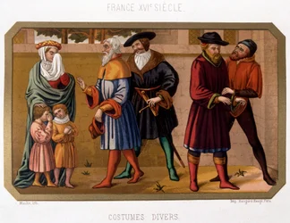 Divers costumes de la bourgeoisie au XVIe siècle - chromo XIXe siècle d
