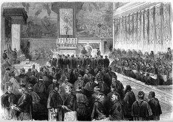 Concile Vatican I (1869-1870) : audience prosynodale dans la chapelle Sixtine de Rome. Le pape Pie IX (1792-1878) reçoit le serment des maréchaux et des officiers du Concile. Décembre 1869. Gravure dans « Le Monde Illustré » n°662 du 19 décembre.