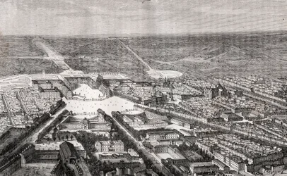 Versailles avec son château au XIXe siècle - gravure dans "La France illustrée : géographie, histoire, administration statistique" par V.A. Malt-Brown. 1884