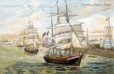 Navires de la compagnie des Indes occidentales dans le port du Havre. Illustration du XIXe siècle conservée à la bibliothèque municipale de Dinan.