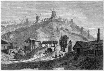 Vue de Montmartre en 1859, avant de rejoindre la ville de Paris en 1860. Vue prise de la plaine Saint Denis. Gravure dans "Le Monde Illustré" n°141 du 24 décembre 1859.