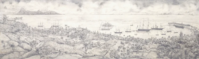 Vue de Papeete, Tahiti, dominant le port vers Moorea, milieu du XIXe siècle