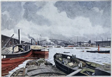 Vue de Paris, la Seine et le bassin de la Villette, aquarelle de Brun. 1889