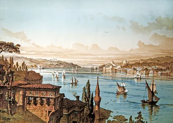 Vue des navires sur le Bosphore et le château de Rumeli Hisari avec Istanbul au loin