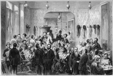 Vue du « Café du Levant », à Genève, lieu de rencontre des réfugiés de la Commune de Paris et de la Commune de Lyon. De gauche à droite sont représentés : Masse, Sirdey, Andignous, Jules Frantz, Jules Moutils, Gaillard (père et fils), Perrare, J. Guesde, L
