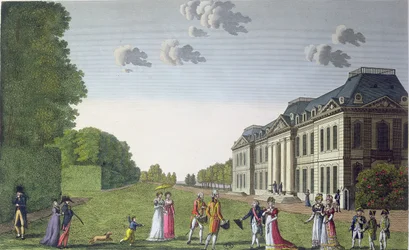 Vue du Château de Bellevue depuis le jardin (gravure en couleur)
