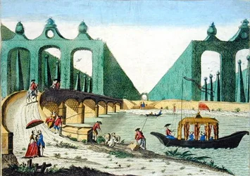 Vue des jardins de Lord Hamilton vers un pont sur la Tamise près de Londres