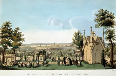 Vue du cimetière du Père Lachaise à Paris. Lithographie anonyme du 19ème siècle. Collection privée