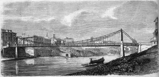 Vue du pont Saint-Jean sur le Tibre (Tevere) en Italie, inauguré en 1863. Ce pont en acier a été conçu par Alphonse Oudry (1819-1869). Gravure dans "Le Monde Illustré" n°349 du 19 décembre 1863