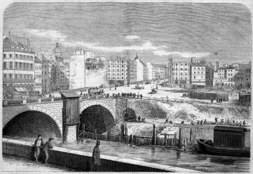 Vue du pont Saint-Michel, construit en 1857, et de la place Saint-Michel à Paris