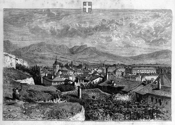 Vue de la ville de Chambéry en Savoie. Gravure de 1880 dans « La république illustrée » collection privée