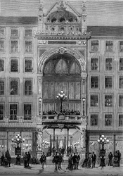 Vue de la façade du théâtre Bellecour à Lyon, construit par Jules Chatron (1831-1884) en 1879. Gravure dans "Le Monde Illustré" n°1176 du 11 octobre