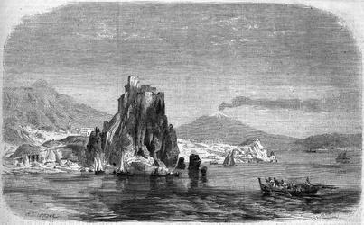 Vue des rochers de « Charybde » et « Scylla » dans le détroit de Messine, Sicile