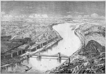 Vues de la ville de Pesth (Pest), capitale de la Hongrie, en 1861, et du pont Széchenyi, ou pont des Chaînes, construit entre 1840 et 1849. Gravure dans « Le Monde Illustré » n°229 du 31 août 1861.