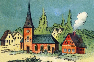 Village. Gravure dans "ABC indéchirable sur toile vernie". A. Capendu, éditeur, Paris, fin XIXe siècle. Librairie enfantine illustrée.