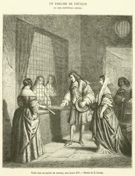 Visite dans un parloir de couvent, sous Louis XIV (gravure)