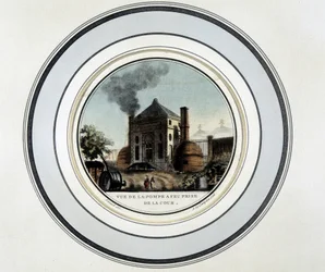 Vue de la Pompe à Feu prise de la cour - lithographie dans « Vues pittoresques des principaux bâtiments de Paris » par Sergeant