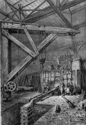 Guerre de 1870 - Siège de Paris : la fonte du canon "Petit Moniteur", financé par les lecteurs du journal, dans les ateliers de MM. Broquin et Laine à Paris. Gravure dans "Le Monde Illustré" n°721 du 4 février 1871.
