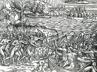 Scène de guerre, Brésil, illustration de "Singularités de la France Antarctique", par André de Thevet, 1558