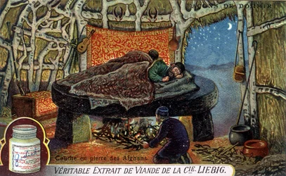 Façons de dormir : couche de pierre afghane. Chromolithographie emballage Liebig